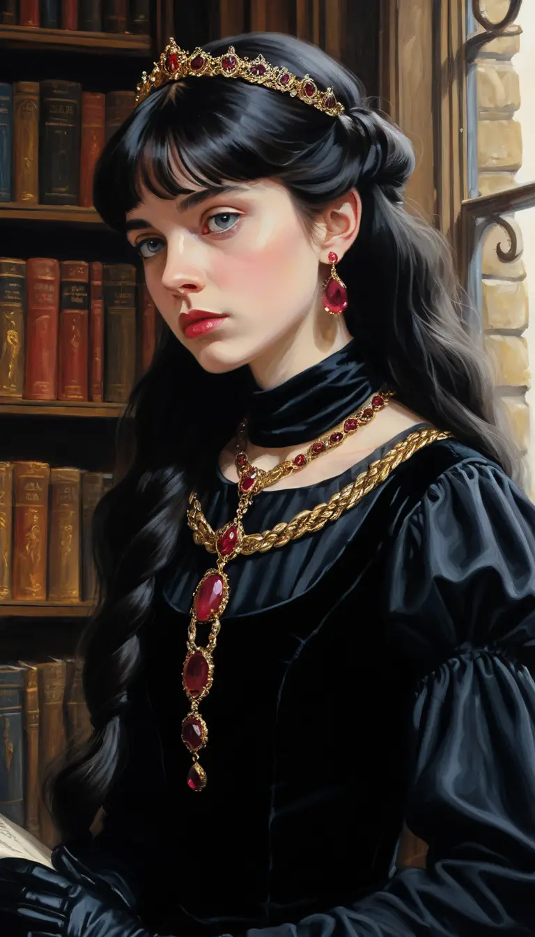 Crying young princess in a dark gothic castle study