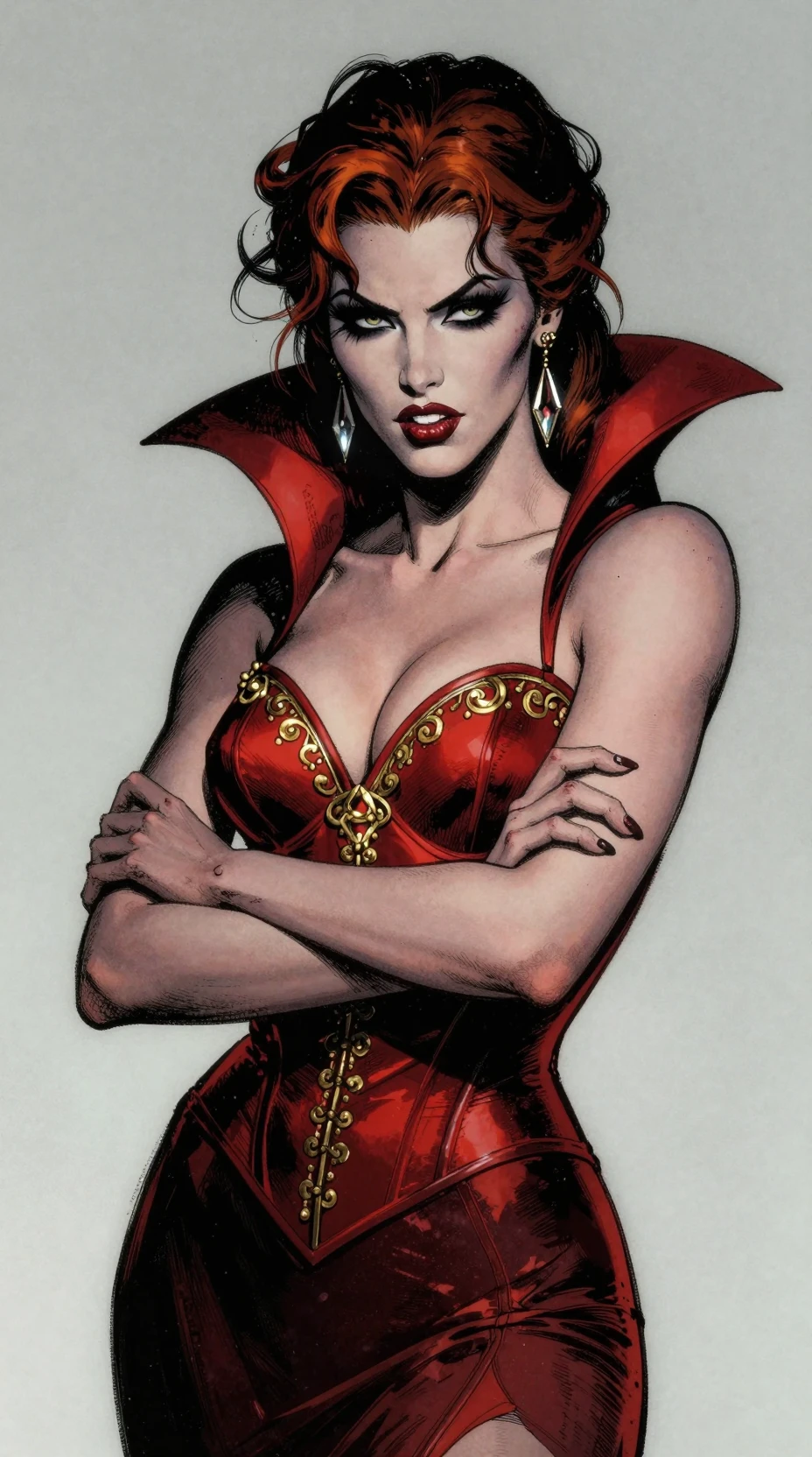 Confident auburn haired vampire in scarlet corset portrait