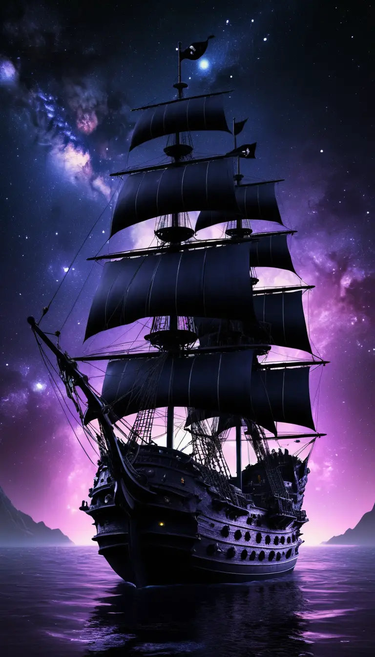 Nave espacial oscura tipo galeón con escudos brillantes en el espacio