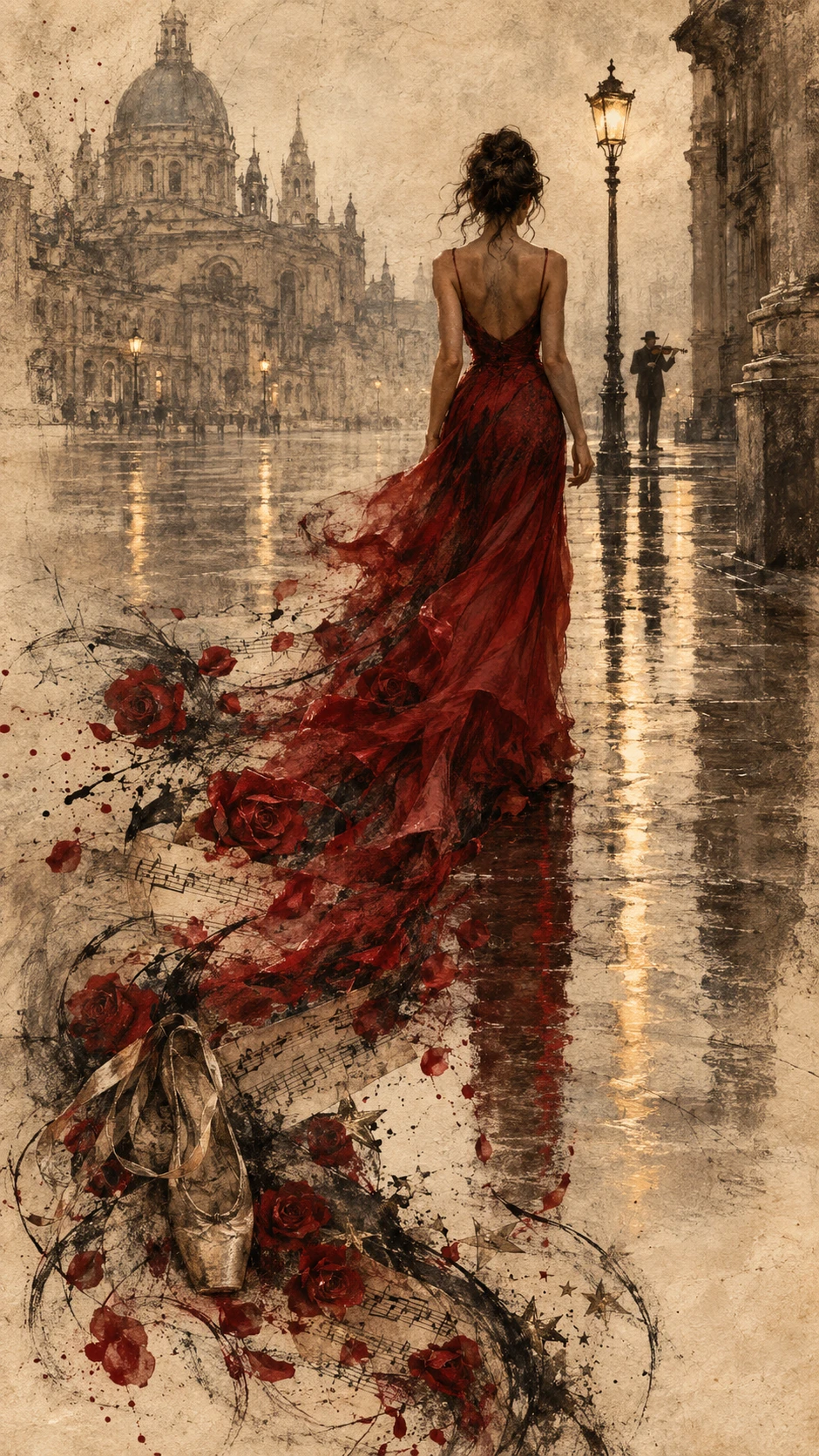 Woman In Crimson Dress Walking Through Misty City Plaza