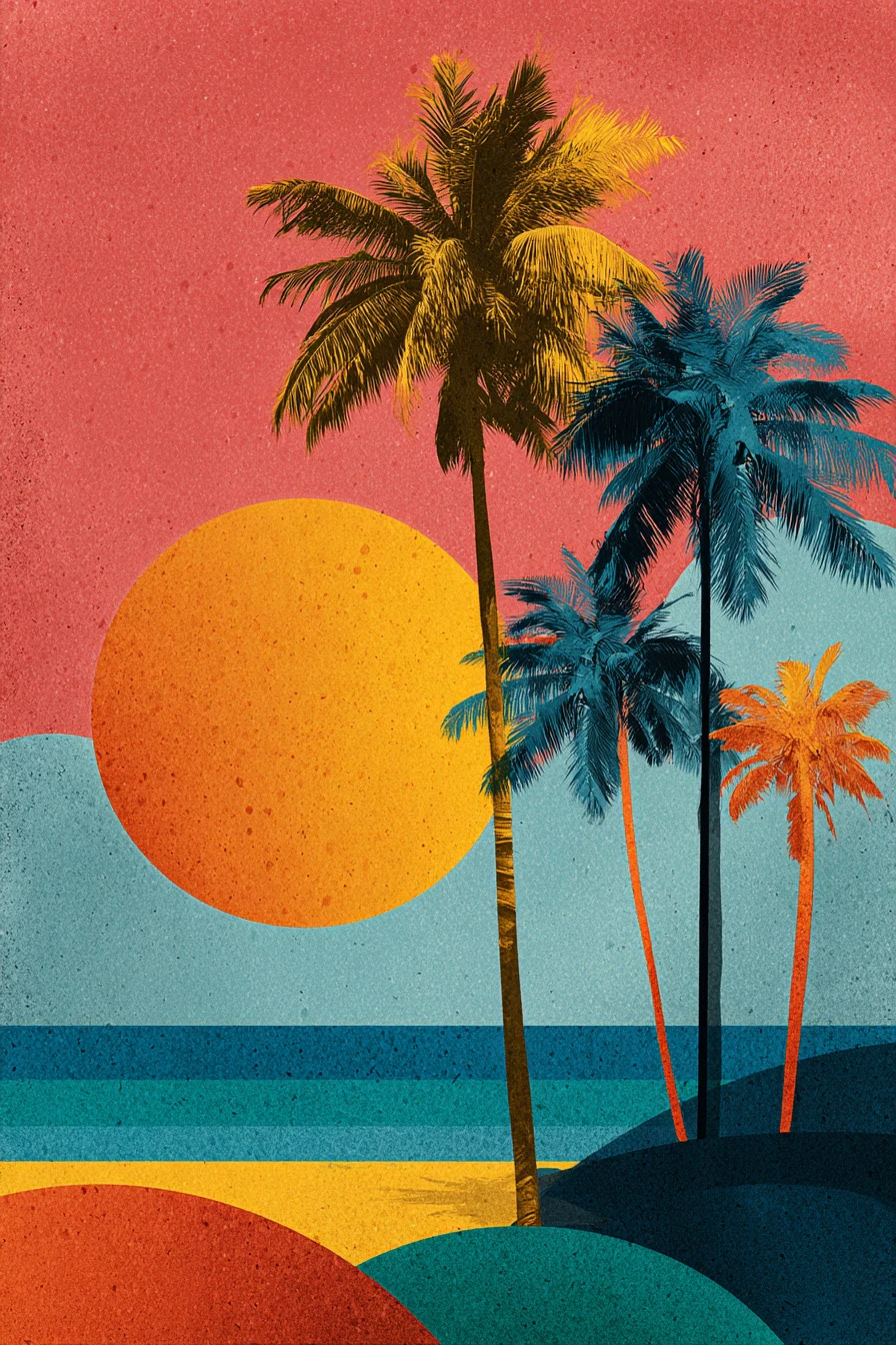 Joyful tropical beach scene in bright funky colors