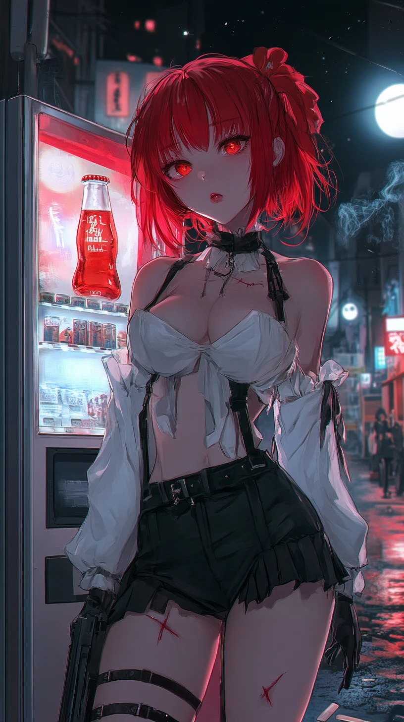 Ragazza anime dai capelli rossi con outfit streetwear dettagliato