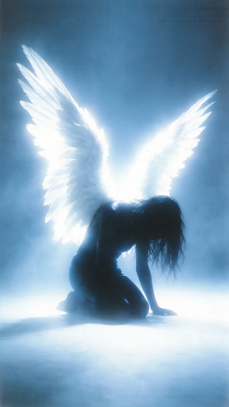 Backlit fallen angel fashion portrait with glowing white wings