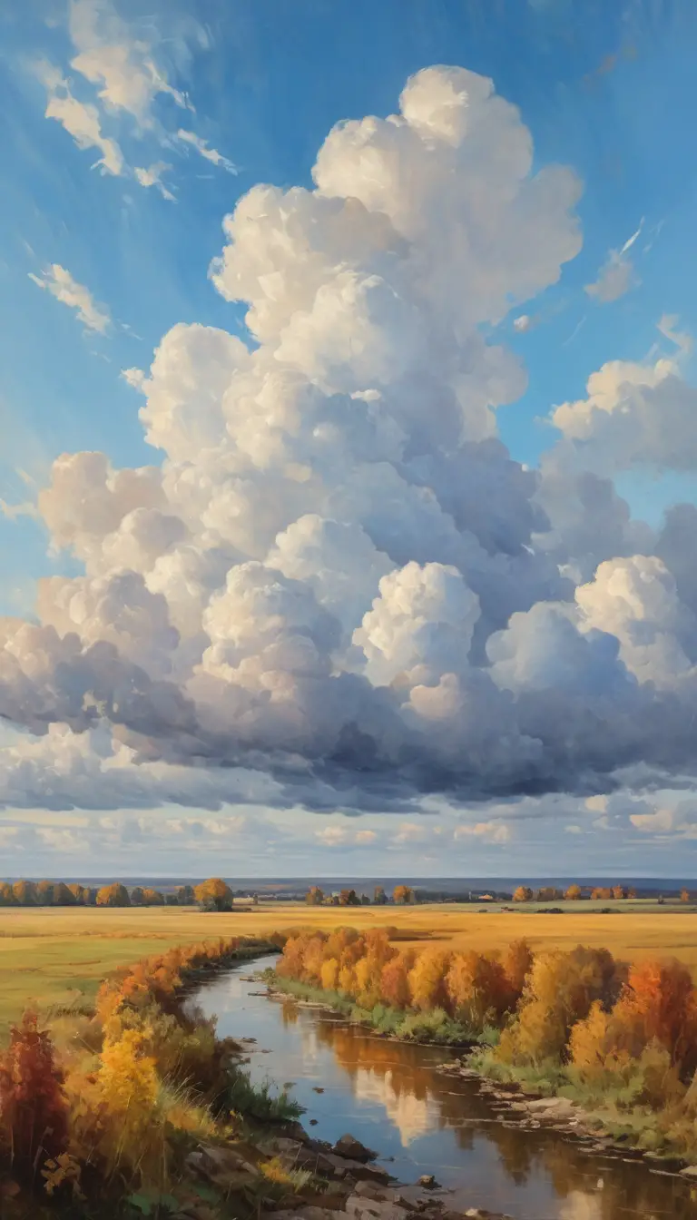 Serene autumn cumulus clouds glowing above the distant horizon