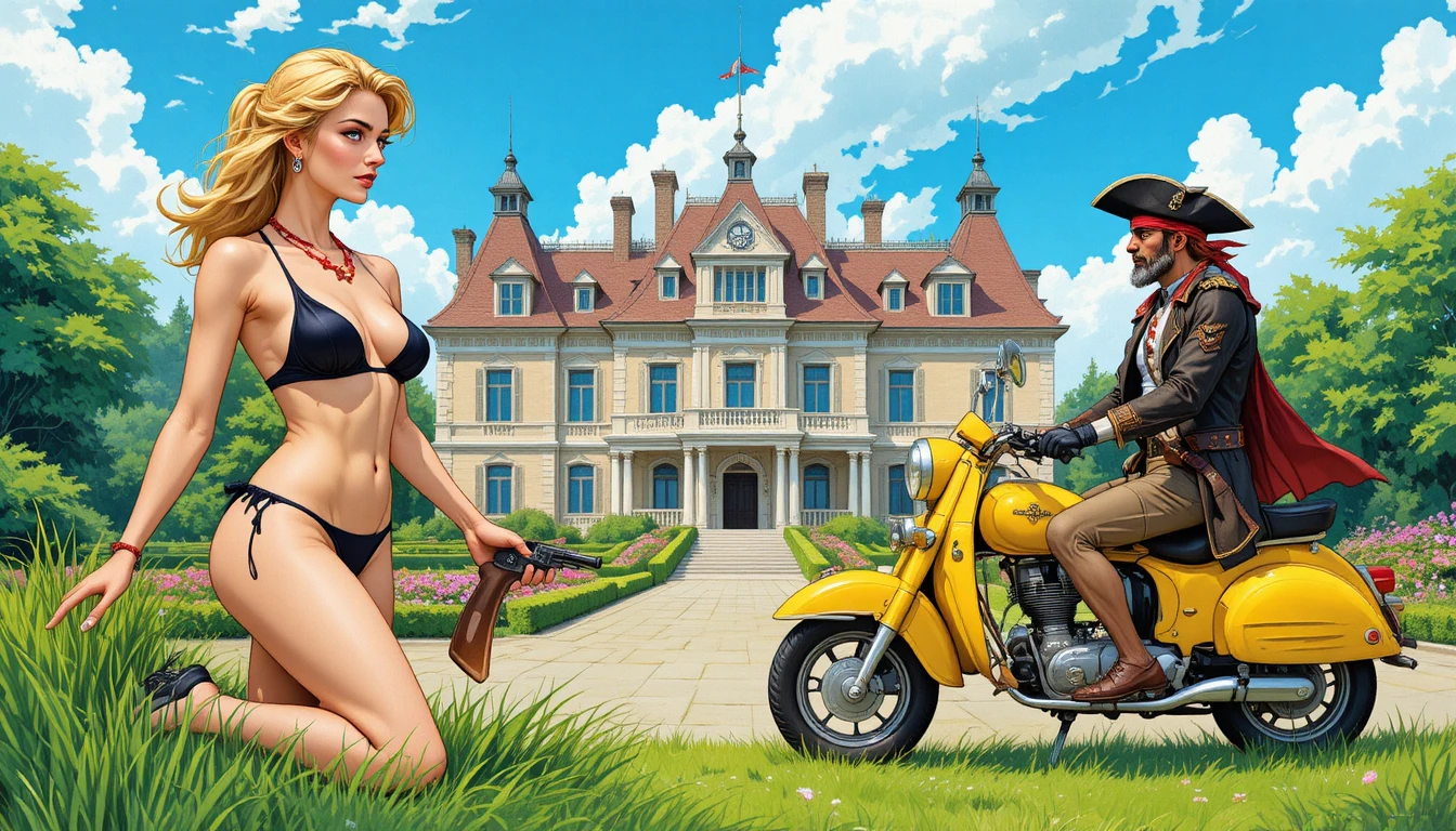 Blonde archer woman kneeling in front of ivy covered mansion