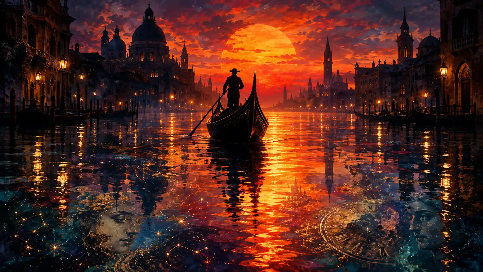 Silhouetted Gondola Boatman Against Enormous Burning Sunset