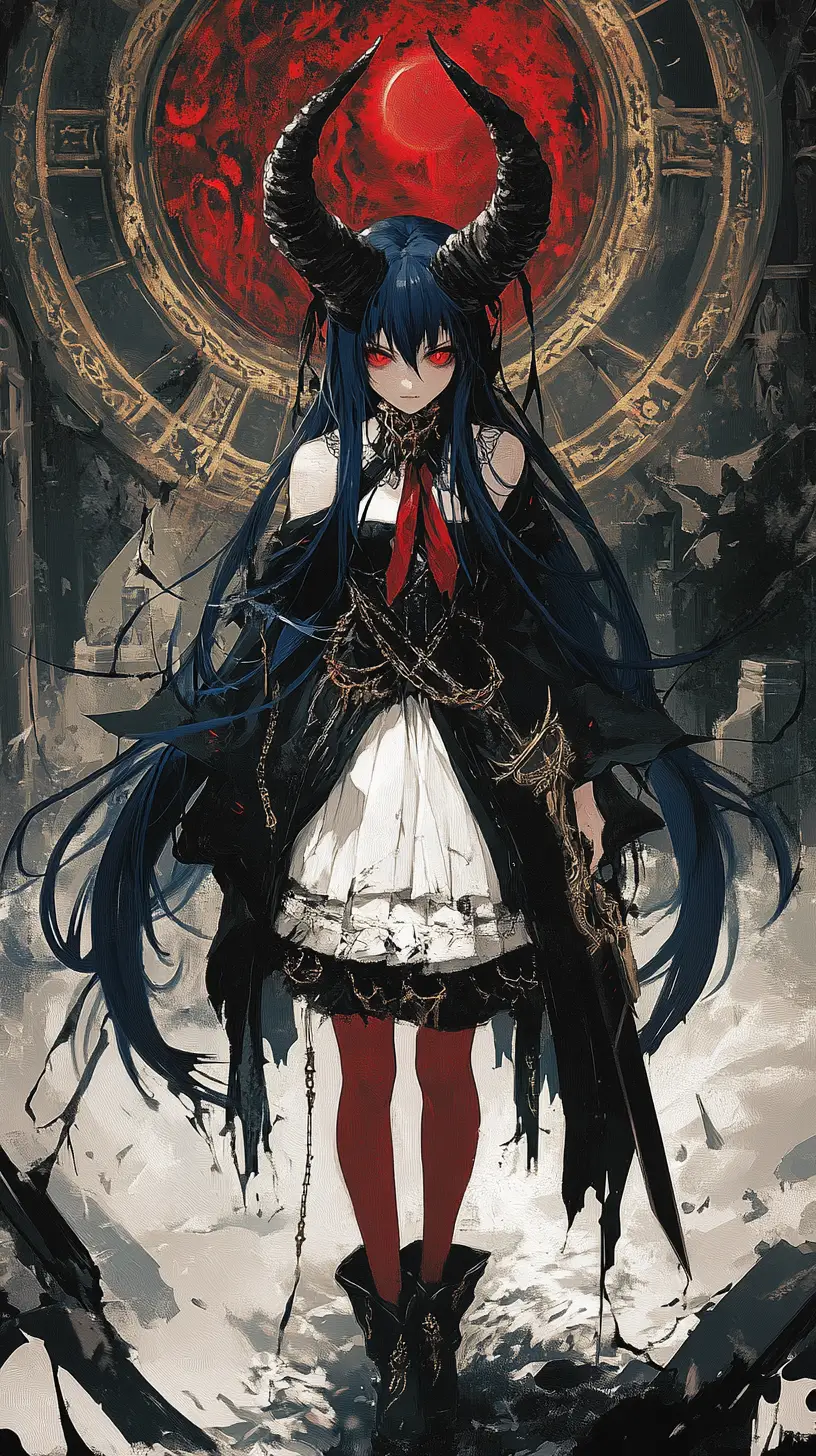 Demon horned girl wielding a rune sword in battle