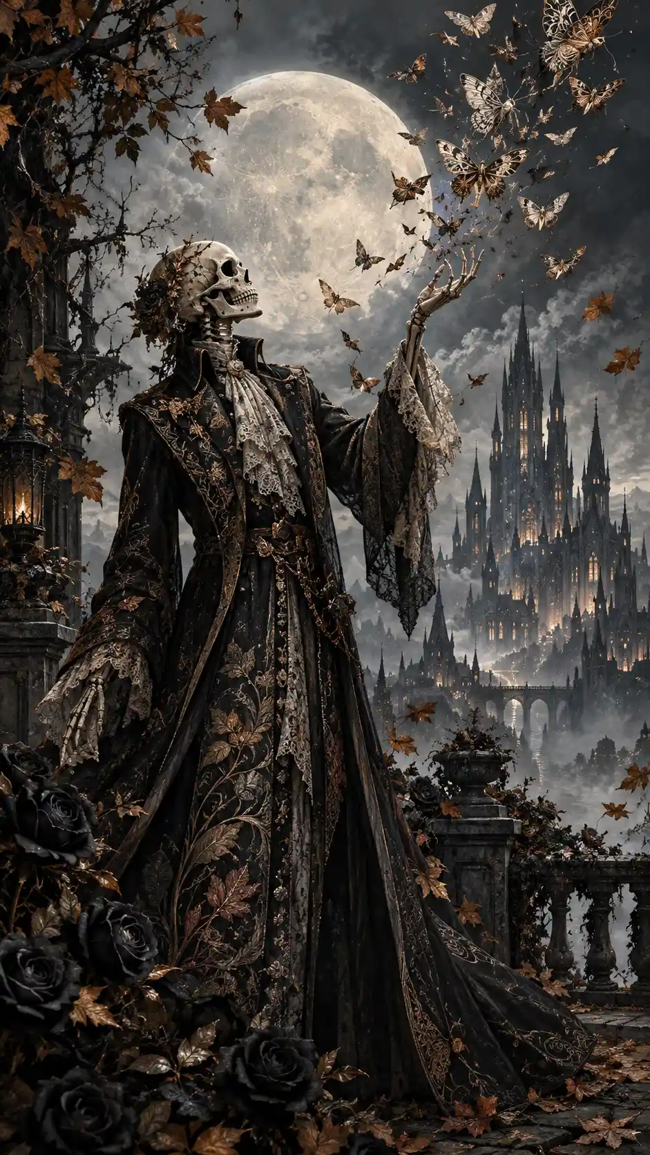 Elegant skeletal figure in a moonlit gothic rose garden