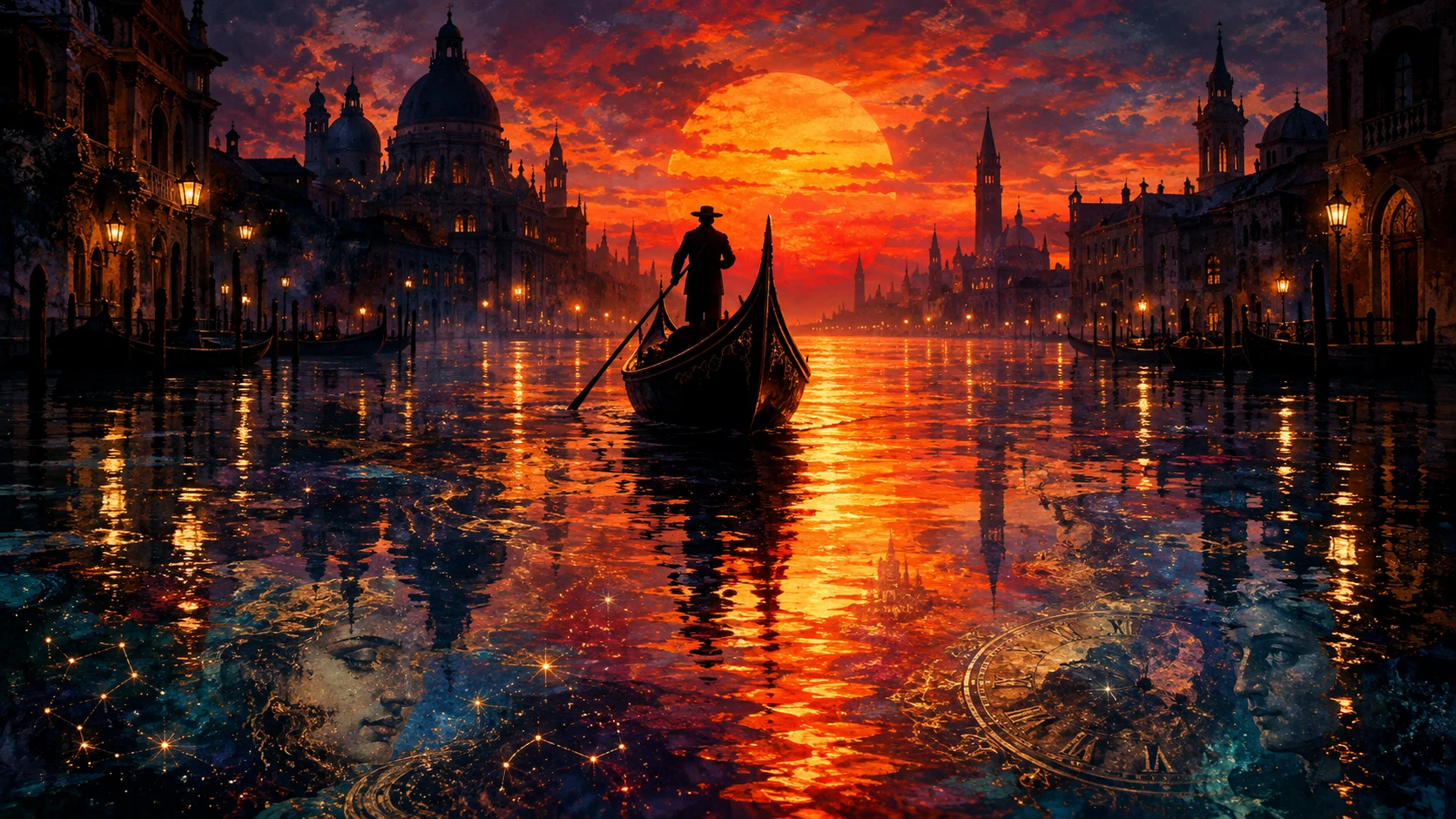 Silhouetted Gondola Boatman Against Enormous Burning Sunset