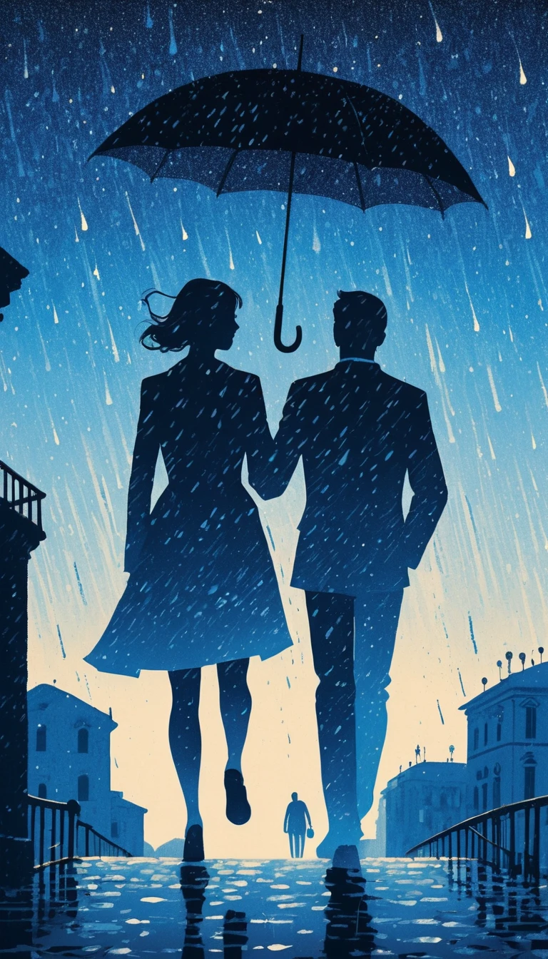 Couple Soaring Under Umbrella Above A Blurred City