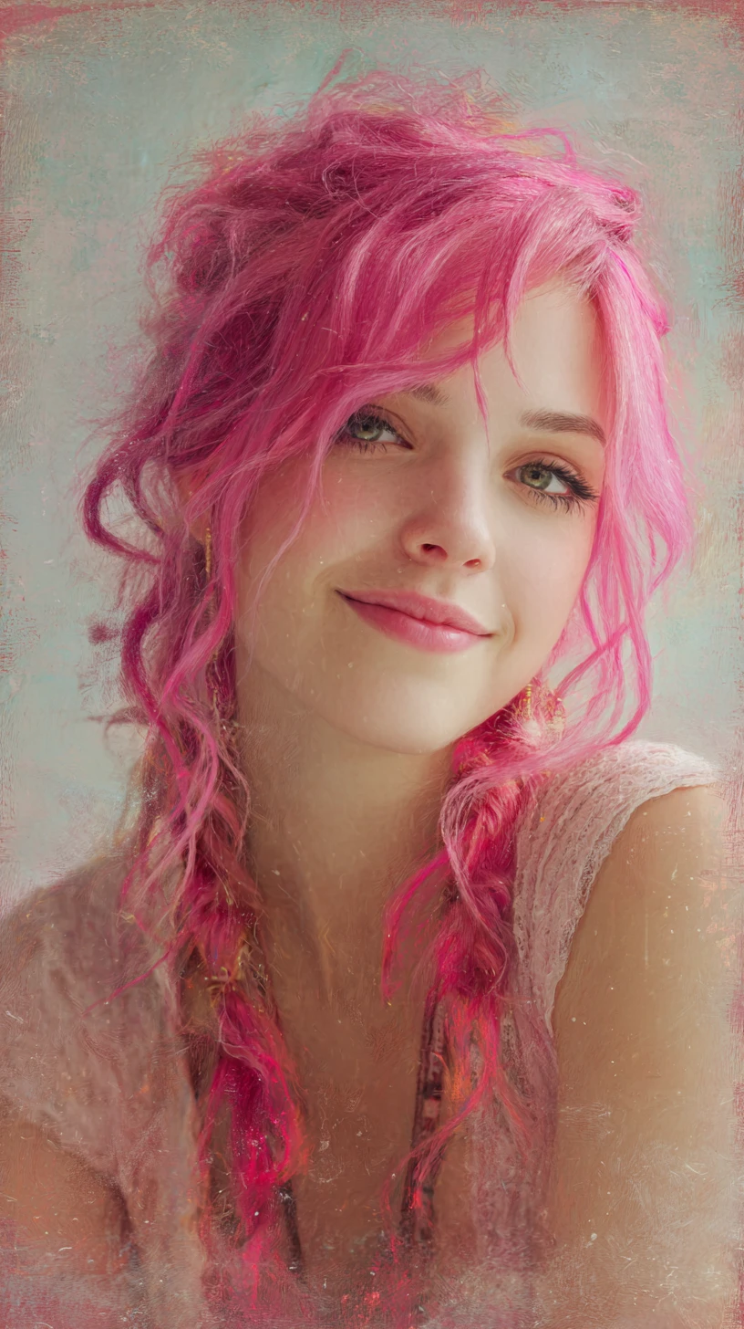 Playful pink haired girl with a mischievous direct gaze
