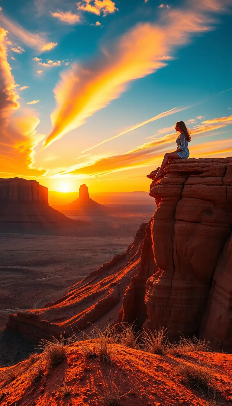 Girl sitting on red canyon cliff at sunset rainbow