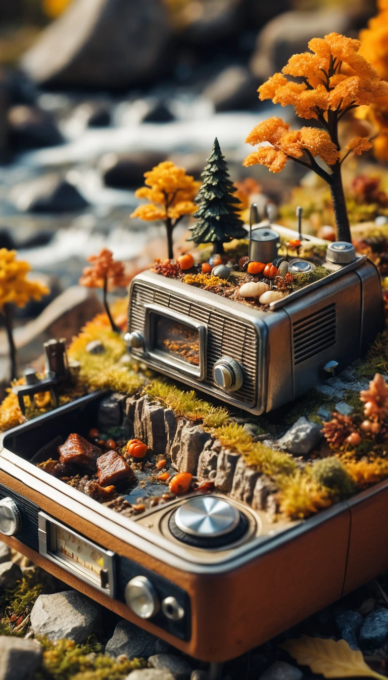 Macro side view of a miniature world inside a radio