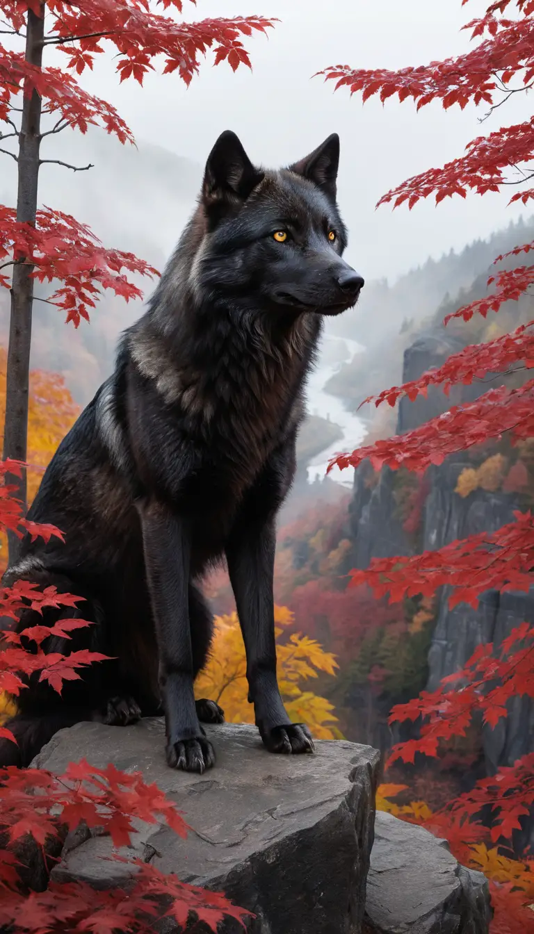 Black wolf on a rocky cliff at misty red maple twilight
