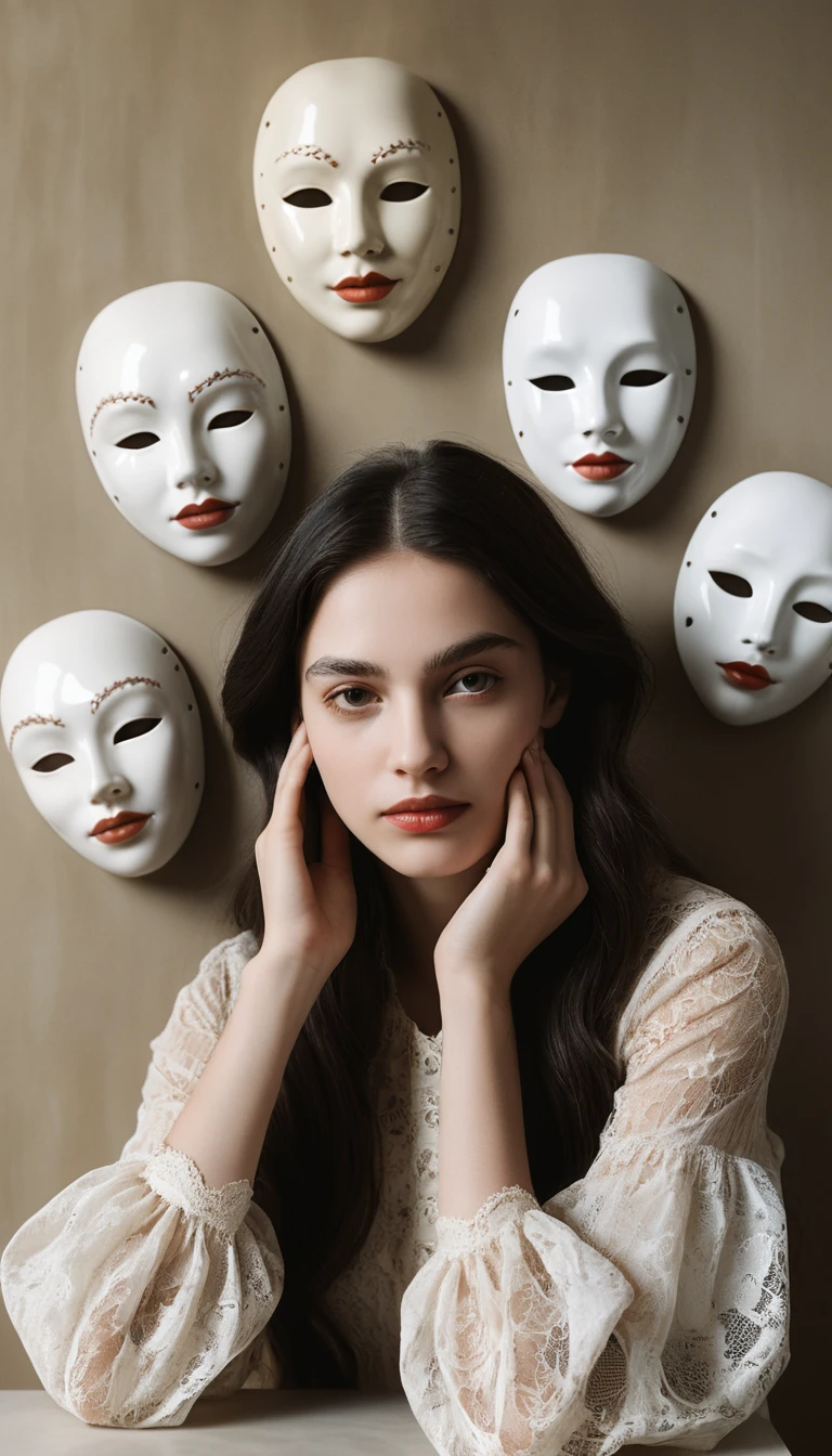 Surreal fashion portrait of woman with emotional porcelain masks