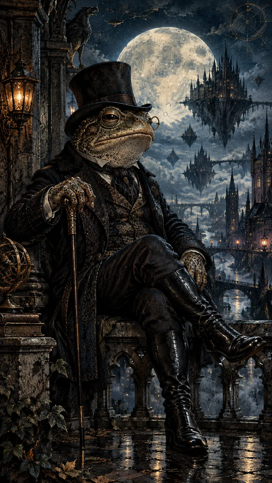 Aristocratic Toad On Gothic Balcony Under Enormous Moon