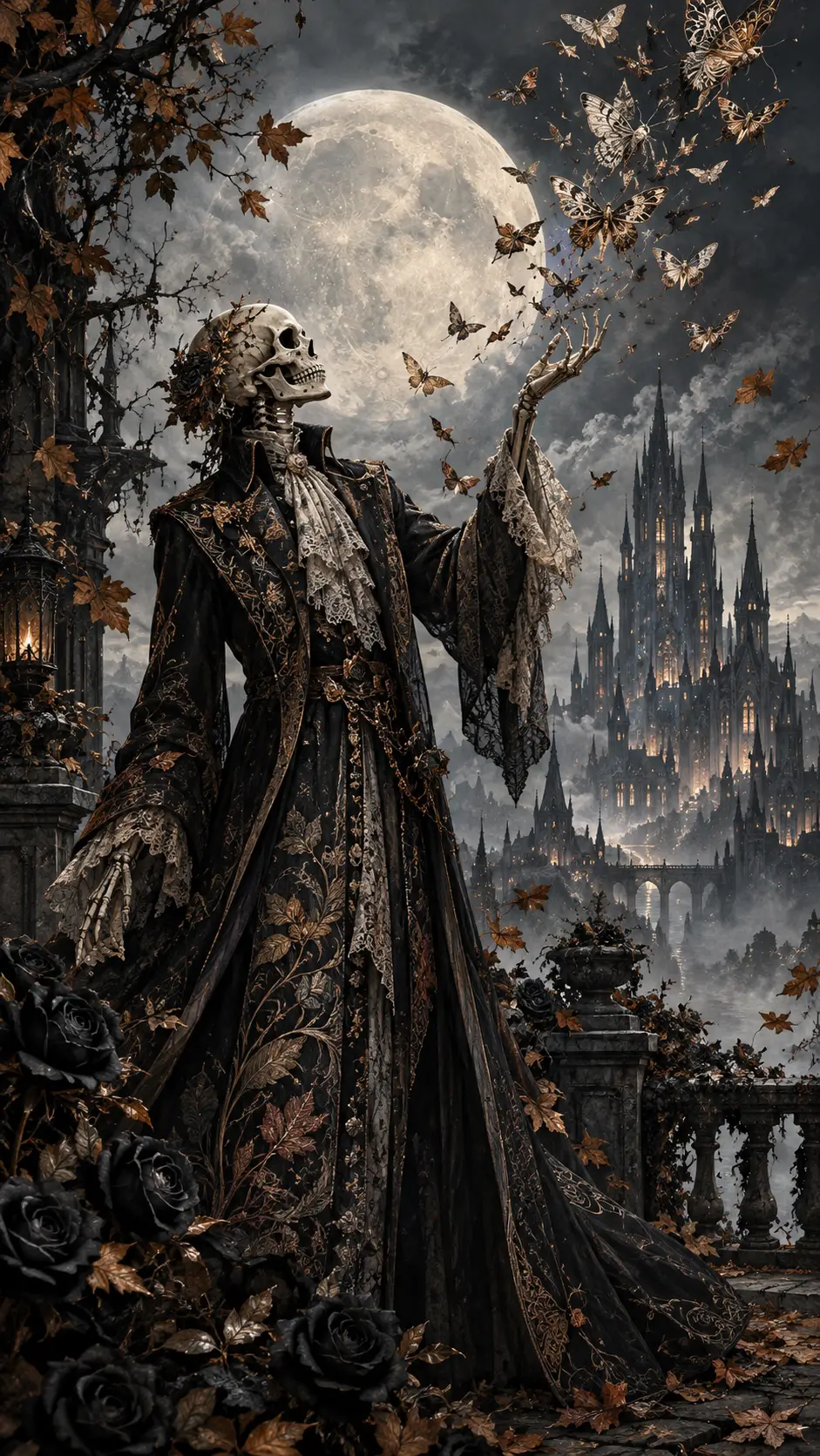 Elegant skeletal figure in a moonlit gothic rose garden