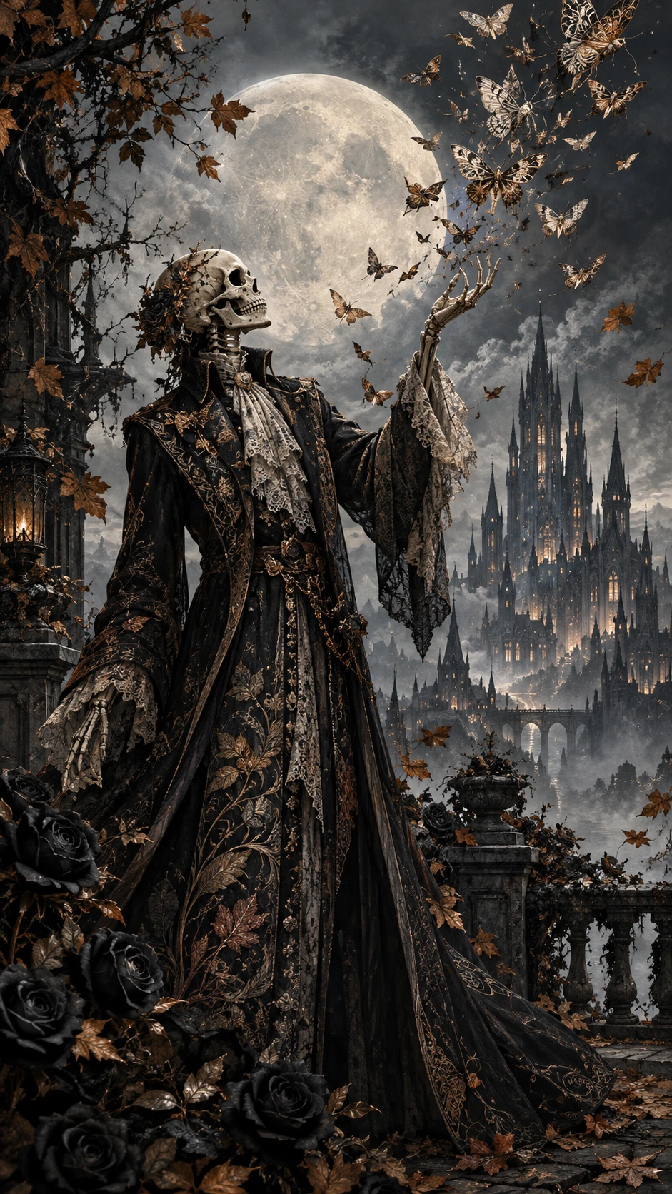 Elegant skeletal figure in a moonlit gothic rose garden