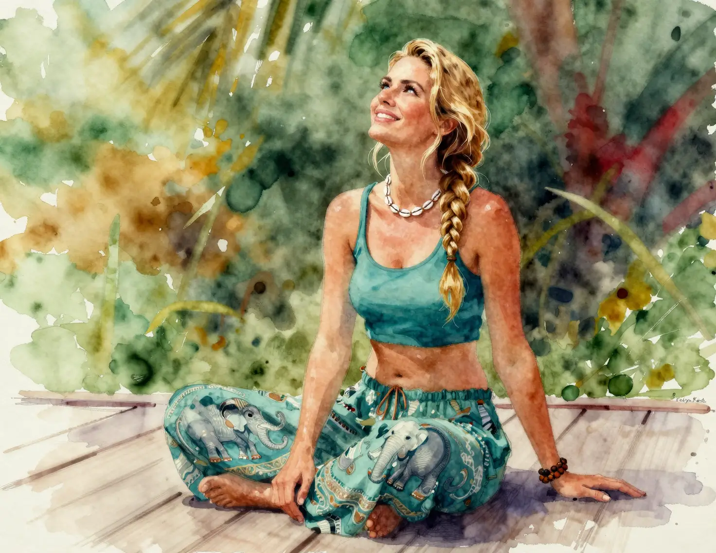 Smiling woman in bohemian outfit on abstract boardwalk