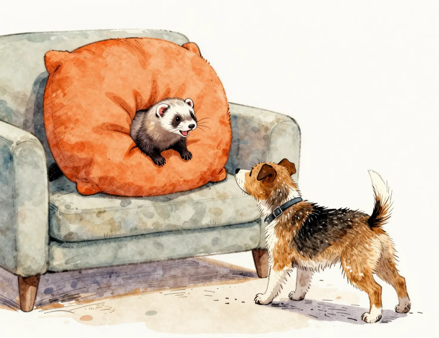 Playful ferret hiding behind cushion to surprise house terrier