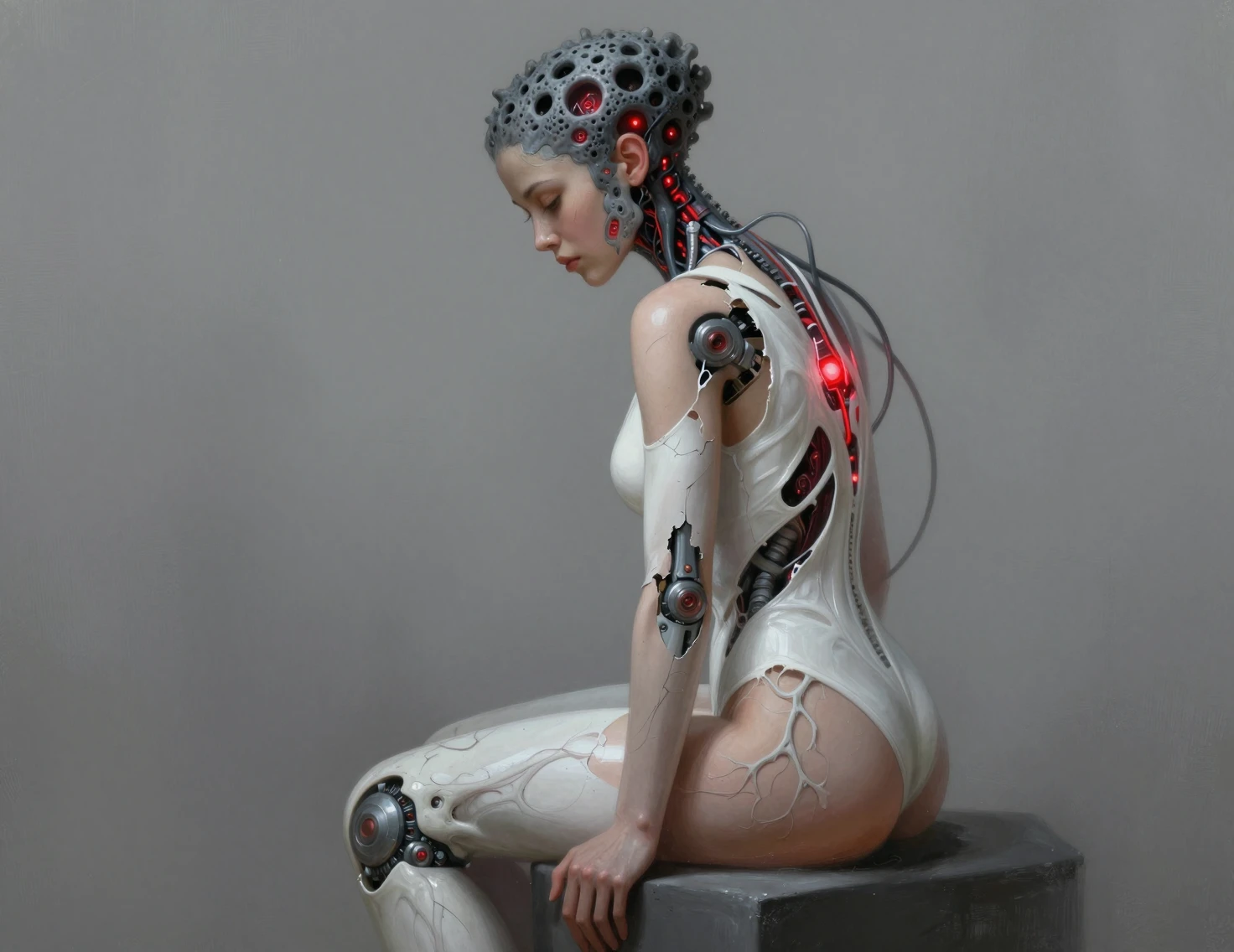 Cybernetic woman in profile seated in contemplative silence