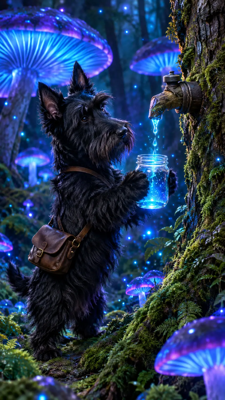 Anthropomorphic terrier gathers glowing liquid in enchanted forest