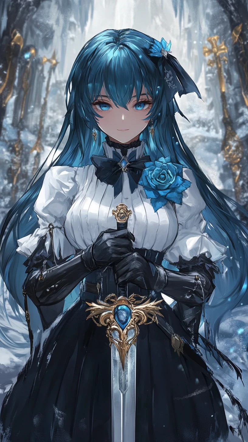Anime girl with ornate sword in a frozen ice cave