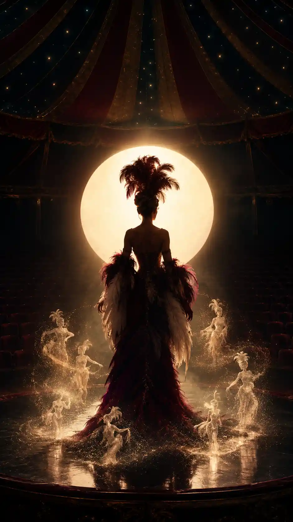 Solitary performer under a vast spotlight in empty circus