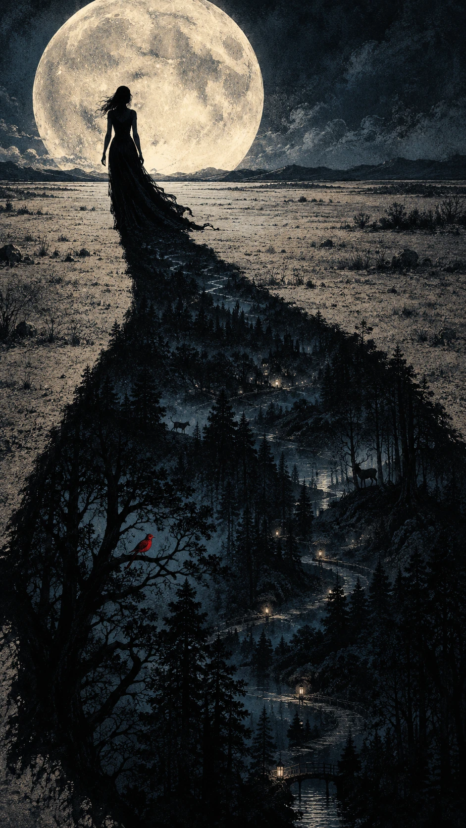 Woman In Moonlit Field Casting A Forest Shadow