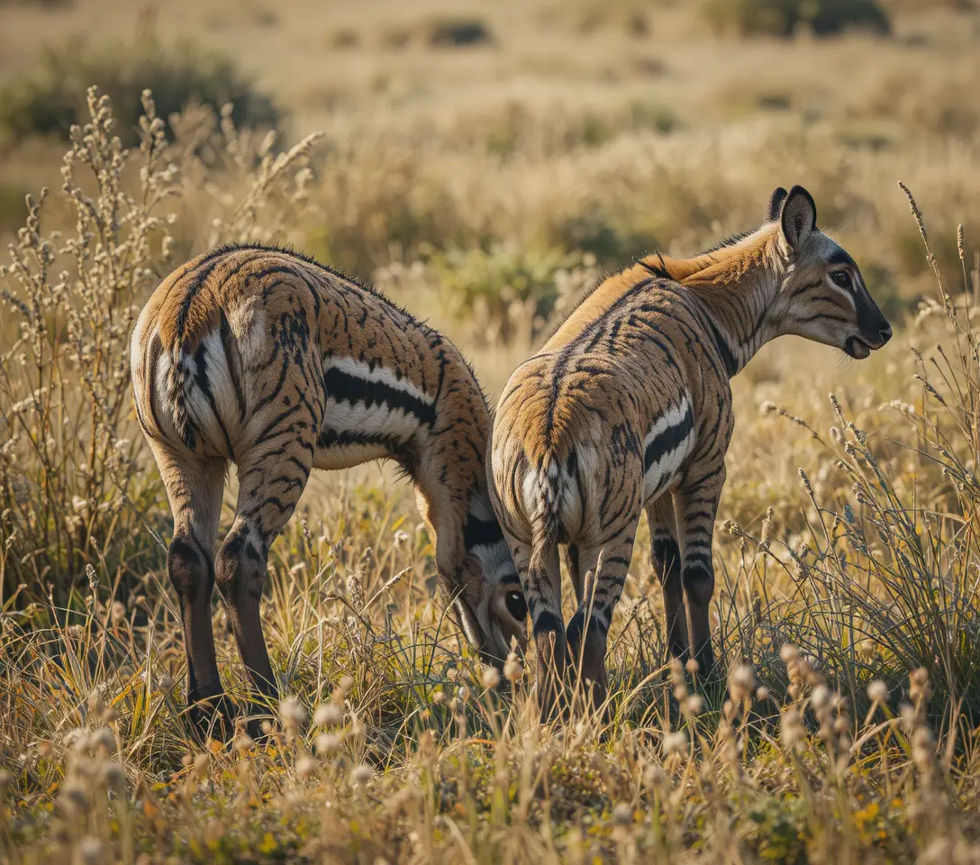 Two zebras grazing closely in a dry savanna meadow