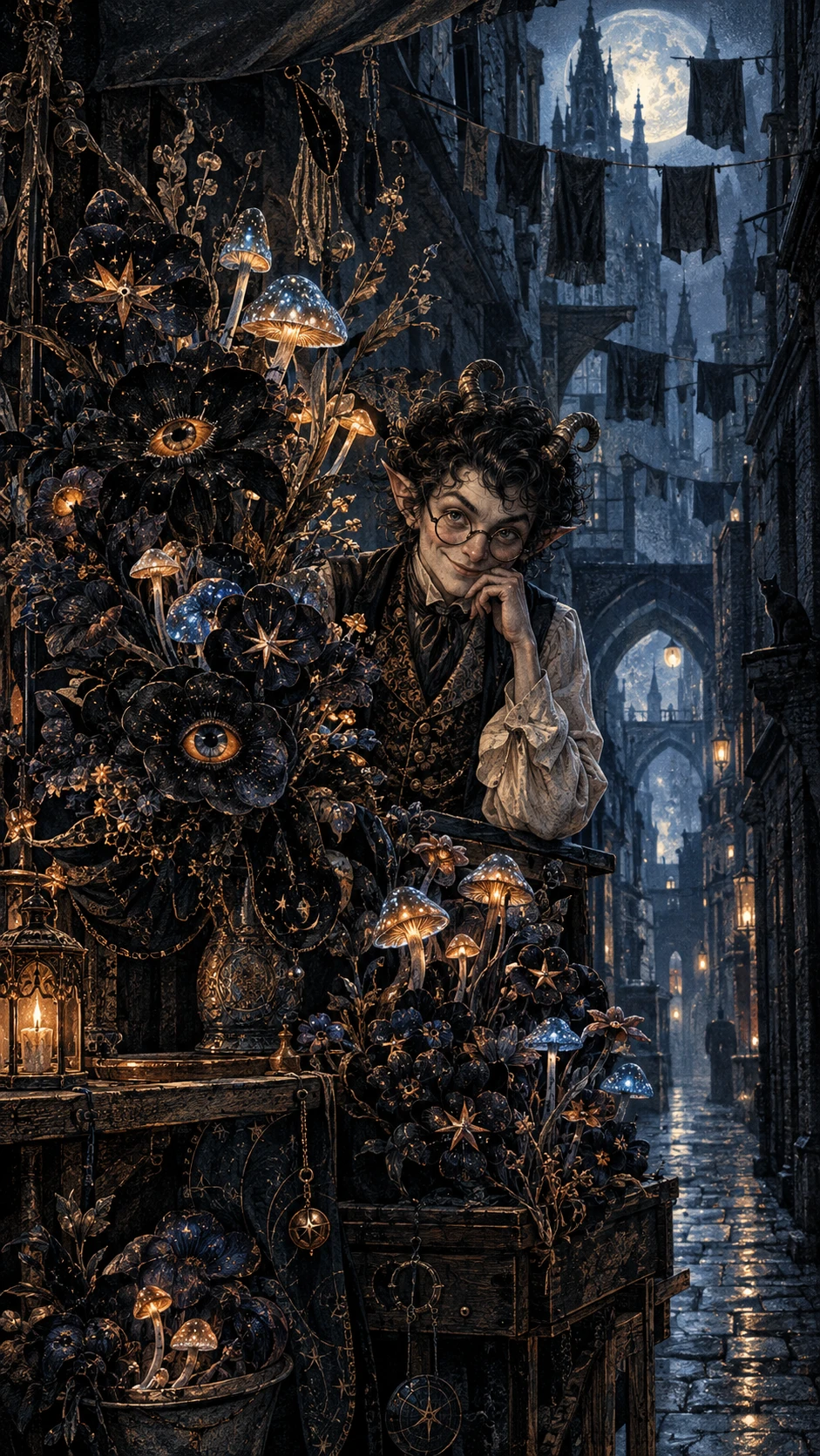 Horned fae shopkeeper in a moonlit gothic flower alley