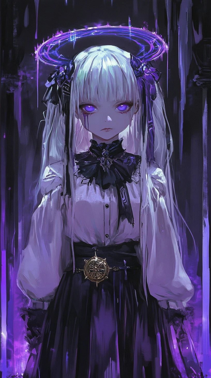 Anime girl with double halo and glowing geometric wings