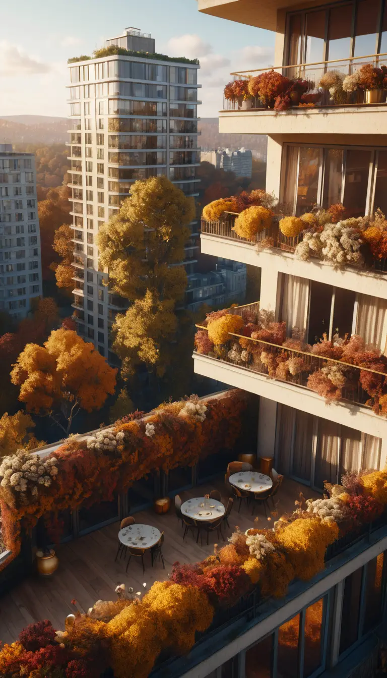 Aerial view of retro balcony over golden autumn forest
