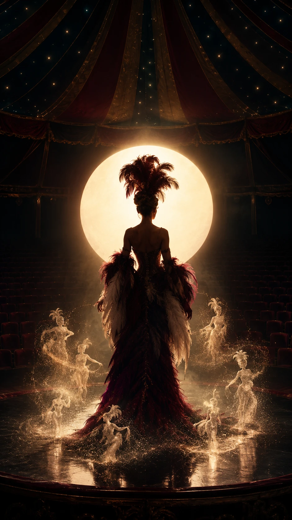 Solitary performer under a vast spotlight in empty circus