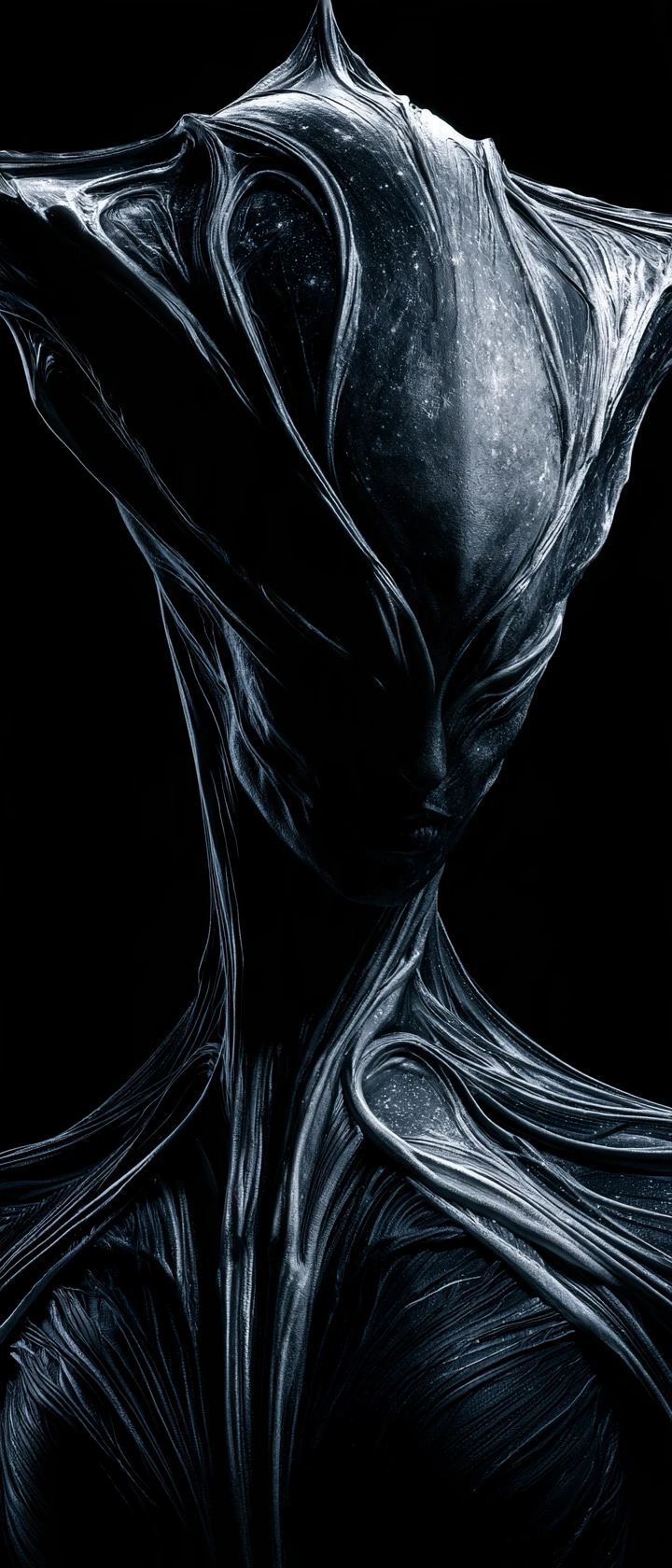 Sorrowful cosmic entity emerging from dramatic shadow and light