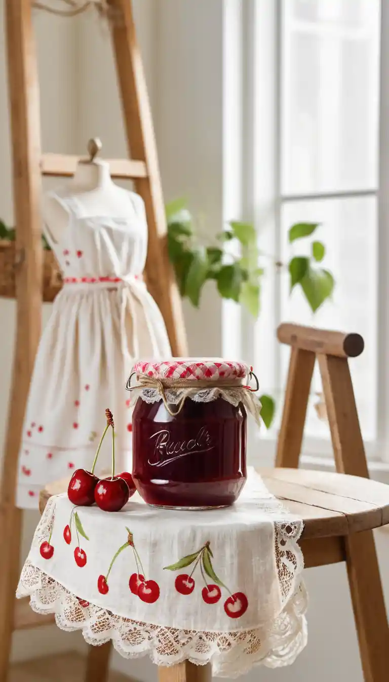 Cute mouse fixing bow on cherry jam jar ladder