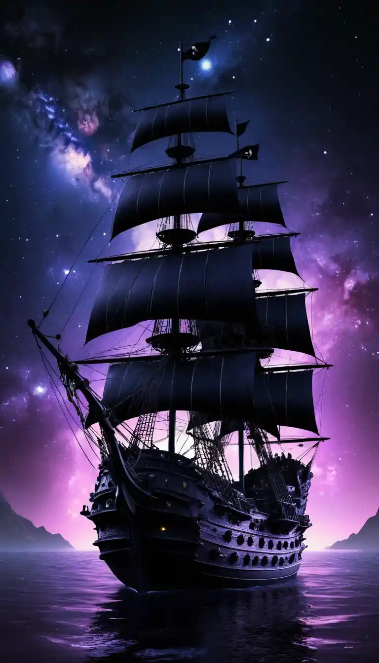 Nave espacial oscura tipo galeón con escudos brillantes en el espacio