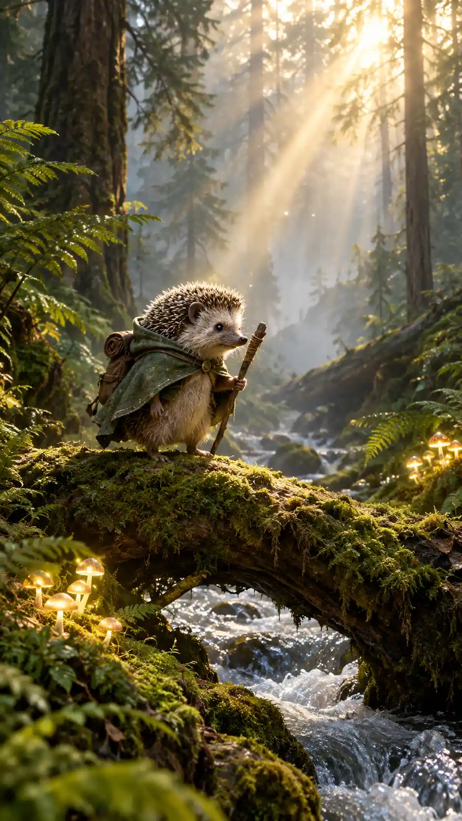 Winziger verhüllter Igel auf moosiger Wurzel über einem Waldbach