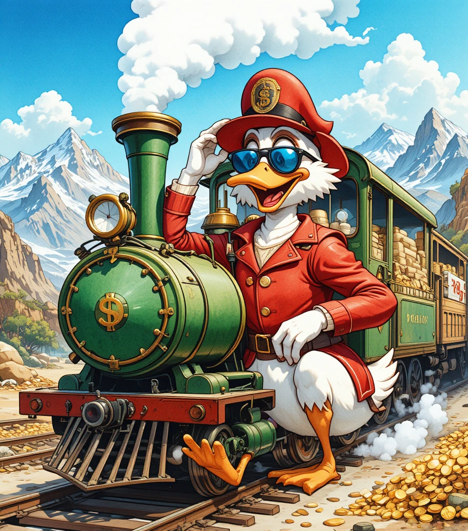 Eccentric cartoon duck driving a money filled steam train
