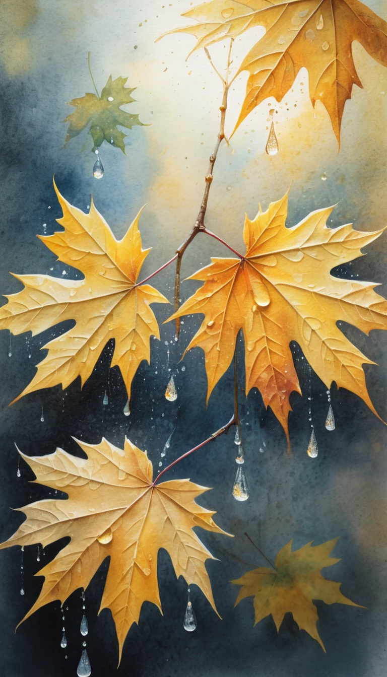 Feuilles d’érable dorées avec des gouttes d’eau scintillantes au soleil