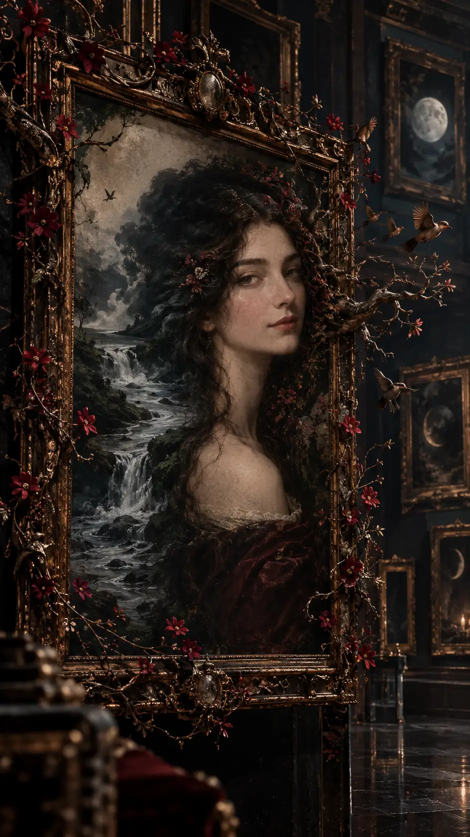 Surreal portrait of a mysterious woman in an ornate frame