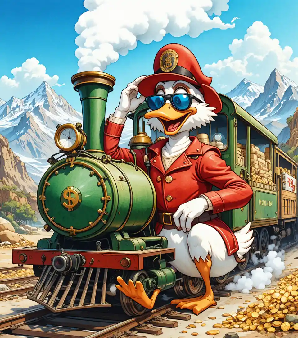 Eccentric cartoon duck driving a money filled steam train
