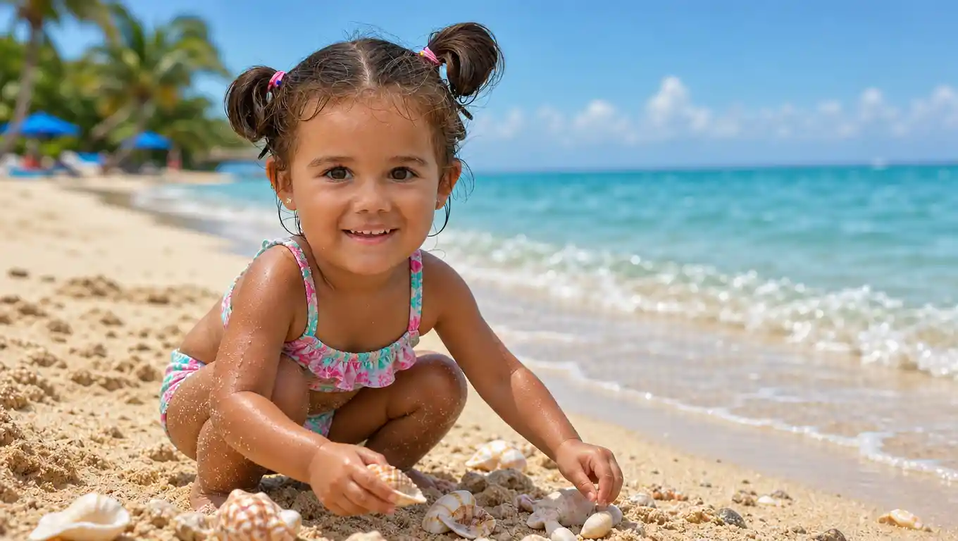 Smiling young girl collecting seashells on sunny beach