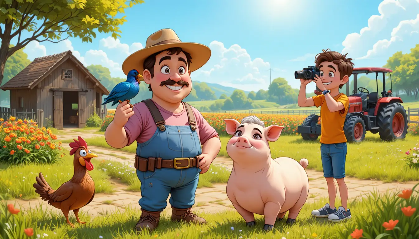 Colorful cartoon farm scene with farmer and animals