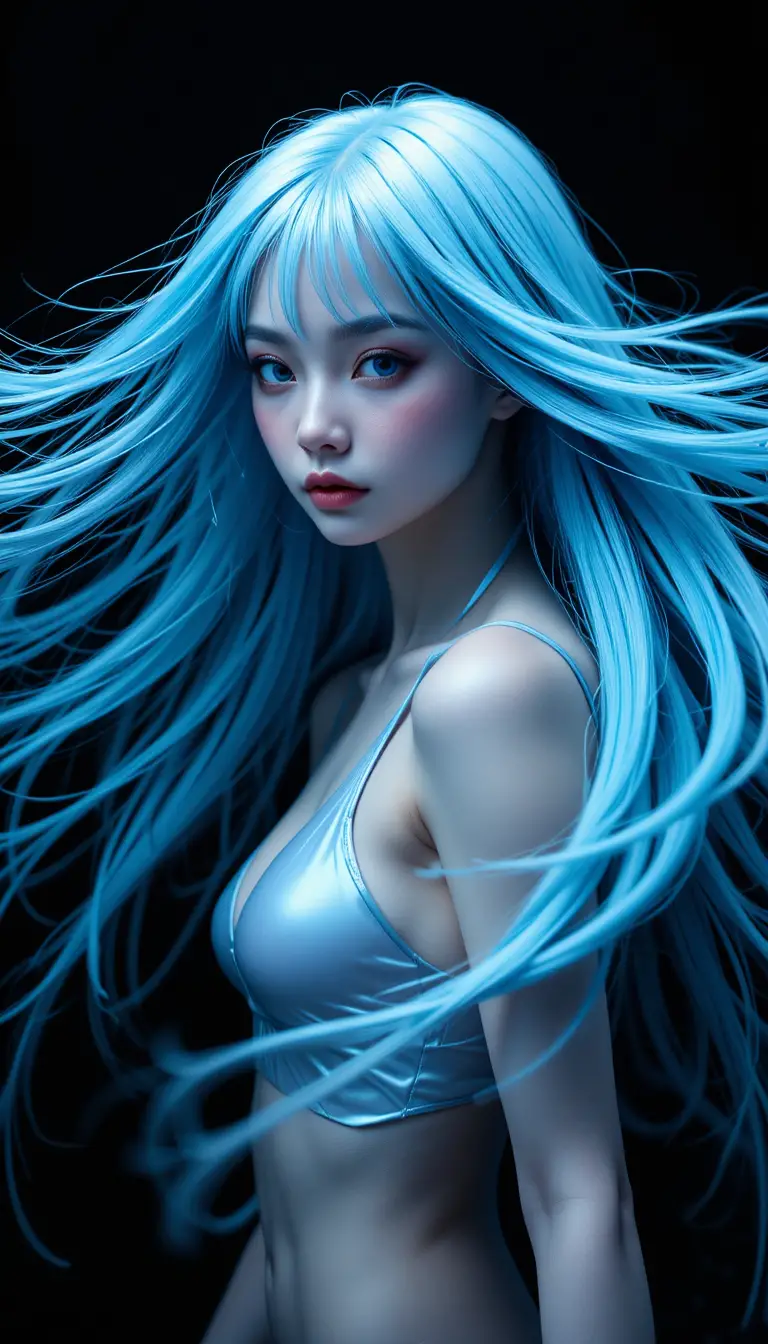 Y2K cyber fashion woman with flowing icy blue hair
