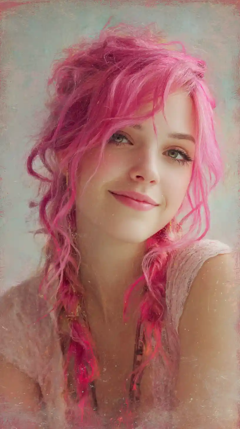 Playful pink haired girl with a mischievous direct gaze