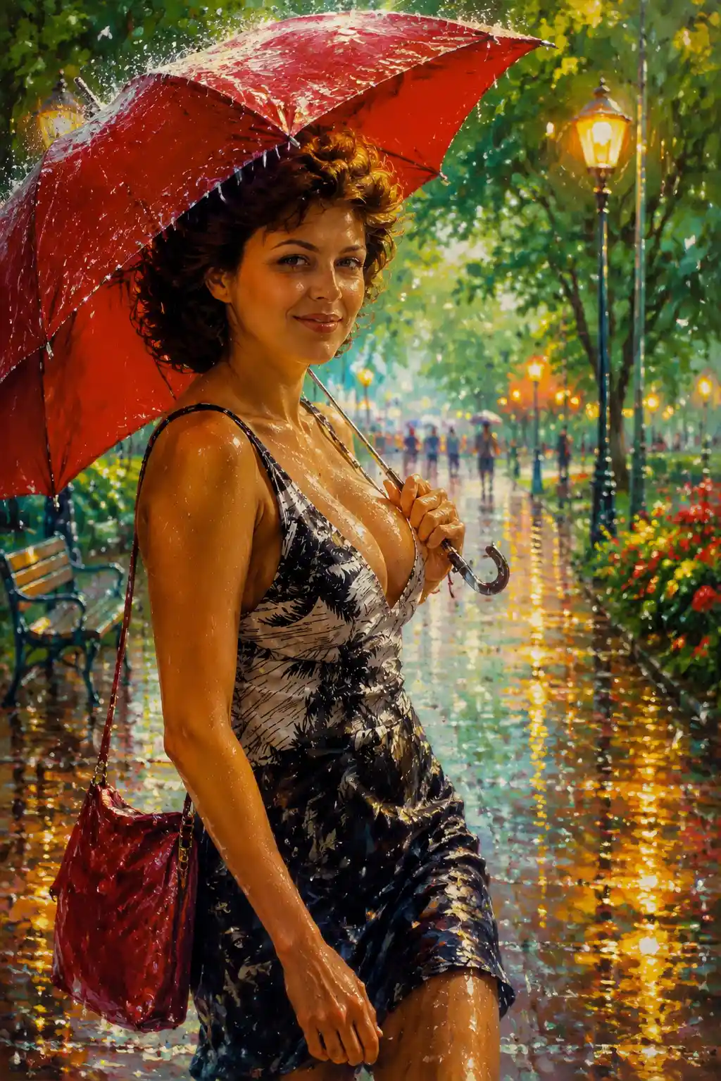 Joyful woman walking through a rainy summer city park