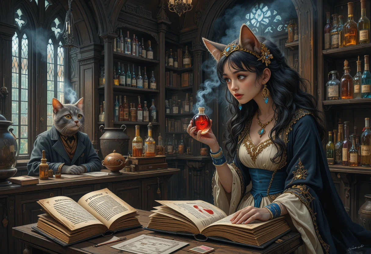 Young woman and wizard cats in a magical apothecary