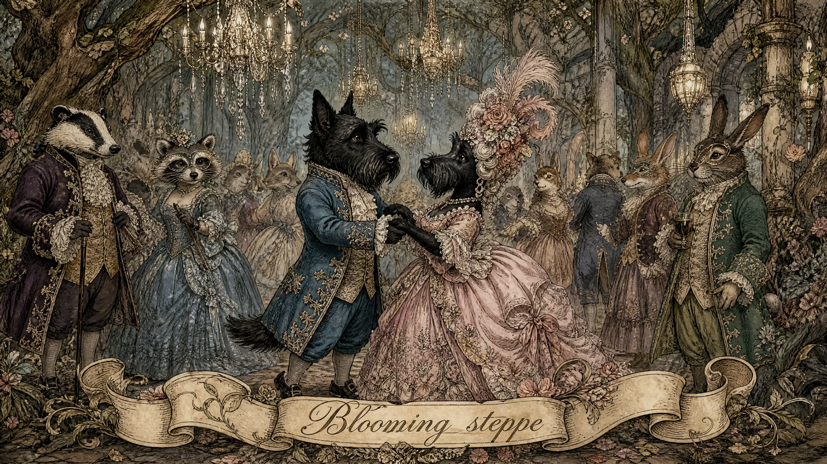 Anthropomorphic Terrier Couple Dancing In Enchanted Forest