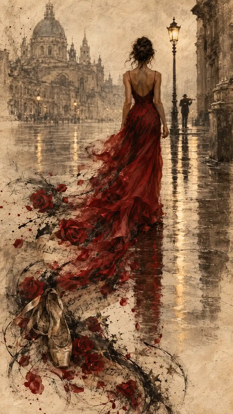 Woman In Crimson Dress Walking Through Misty City Plaza
